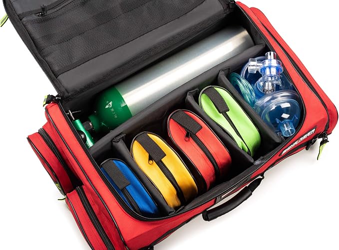 Scherber Fully Stocked First Responder Ultimate Professional EMT/EMS Trauma Kit | HSA/FSA Approved | w/10+ Compartments, Zippered Pockets, Dividers, Oxygen Access & 260+ First Aid Supplies (Red)