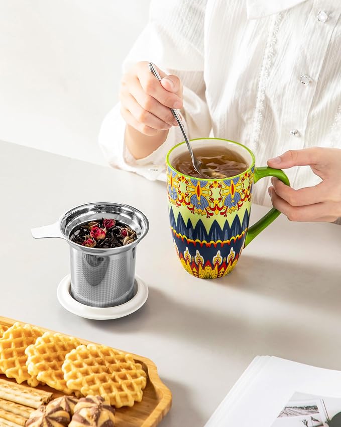 vancasso Ceramic Tea Cup with Infuser and Lid, 18 Ounce Tea Infuser Mug for Loose Leaf Tea, Microwave & Dishwasher Safe, Bohemian Mandala, Gift for Tea Lovers, Mint Petal Whirl
