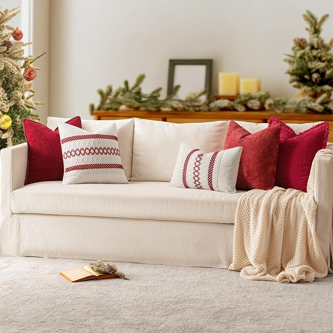 MIULEE Decorative Couch Throw Pillow Covers 18x18 Inch Red 2 Pack | Summer Farmhouse Pillow Covers with Stitched Edge, Soft Chenille Cushion Cases, for Sofa Bed Living Room Home Decor