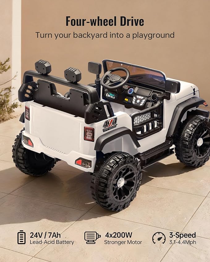 Outfunny 2 Seater Ride on Car Toy, 24V 4WD Electric Car for Kids 4-8 with Remote Control, 4x200W Motors, Capacity 150 lb - White