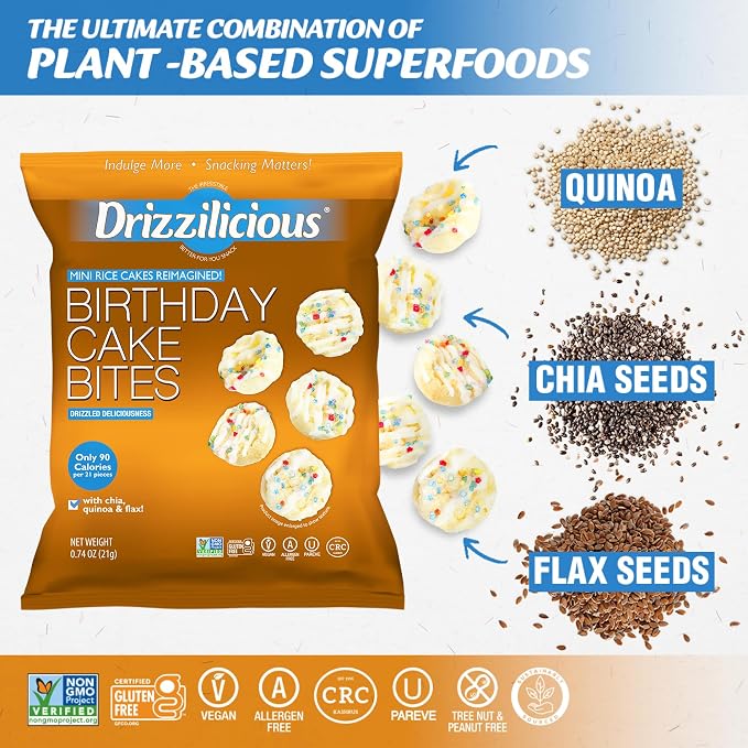 Drizzilicious Mini Flavored Rice Cakes Birthday Cake - Rice Crisps, Healthy Snack for Adults and Kids, Vegan, Gluten Free Snack, Allergen Free, Only 90 Calories Per Bag - 0.74 oz (Pack of 20)