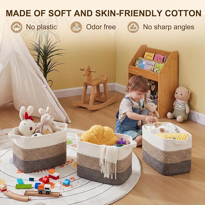 OIAHOMY Storage Basket, Woven Baskets for Storage, Cotton Rope Basket for toys,Towel Baskets for Bathroom - Pack of 3, Gradient Dark Brown