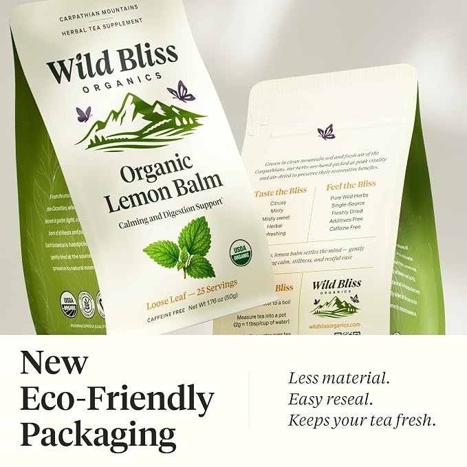 Organic Lemon Balm Tea - Caffeine Free Loose Leaf Herbal Tea - Pharmacopoeia Potency - 25 Servings
