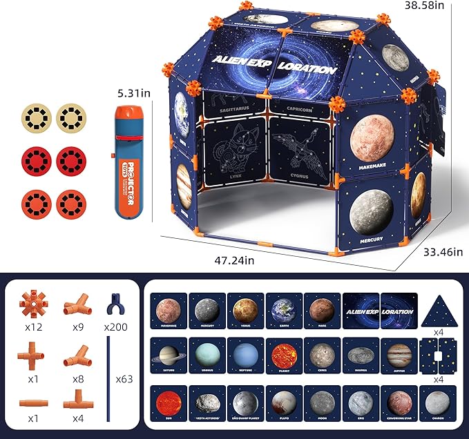 Kids' Starry Sky Constellation Play Tent, 328 Pack Fort Building STEM Toys Kit,Included Flashlight Projector,for Boys & Girls (3 Years+)