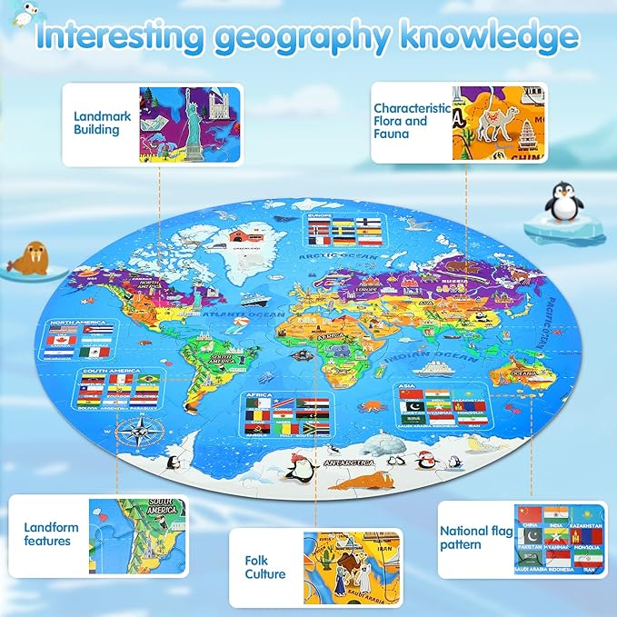 Glow in The Dark World Map Puzzles for Kids 4-6, 70 Pieces Large Globe Floor Puzzles for Kids Ages 6-8 Continents Geography Puzzle Educational Learning Toys for Children