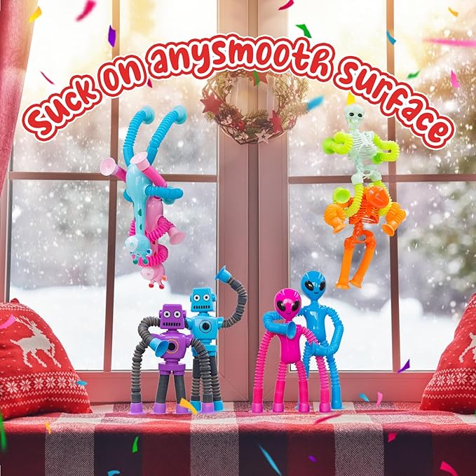 Pop Tubes Skeleton Fidget Toys for Kids, 8Pack Robot Fidget Pop Toys Telescopic Suction Cup Toy for Stress and Anxiety Relief, Stocking Stuffers Gift for Kids and Toddlers (8 Pack Multi-Items)
