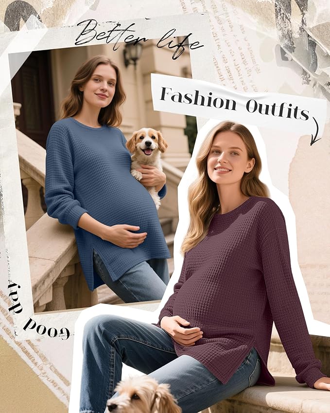 3 Pack Women's Maternity Shirts Long Sleeve Waffle Knit Side Split Oversized Tops Pregnancy Clothes Fall Tees
