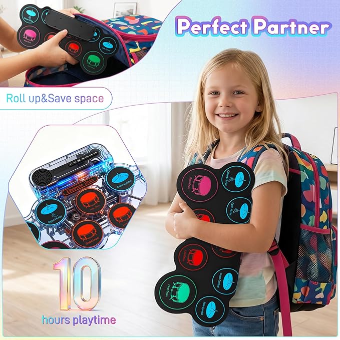 Electronic Drum Set, 9-Pad Kids Electric Drum Set Dual Stereo Speaker, MIDI. Portable Roll Up Drums Practice Pad for Kids, Perfect Birthday&Christmas Gift for Boys&Girls