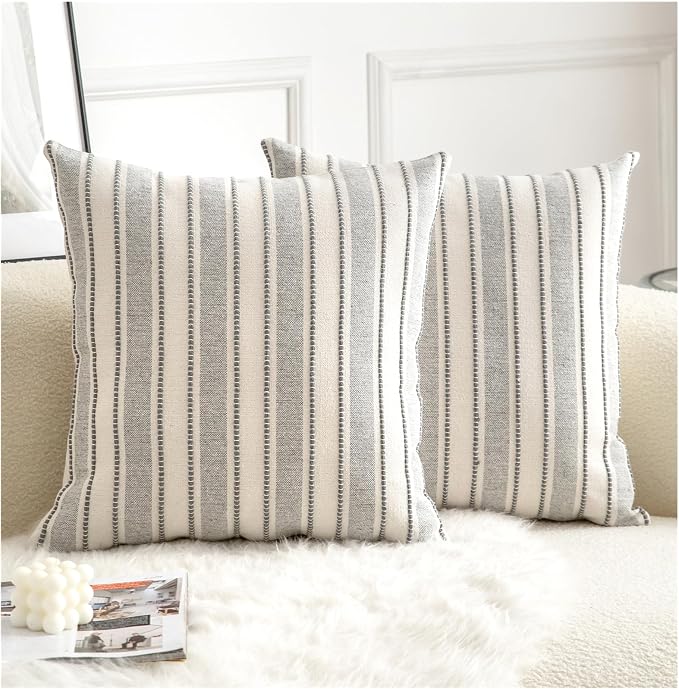 Cethom Decorative Boho Throw Pillow Covers, Farmhouse Textured Pillow Case, 18 x 18 Inch Set of 2, Chair Sofa Bedroom Living Room Home Decor Couch Cushion Case, Grey and Beige Striped