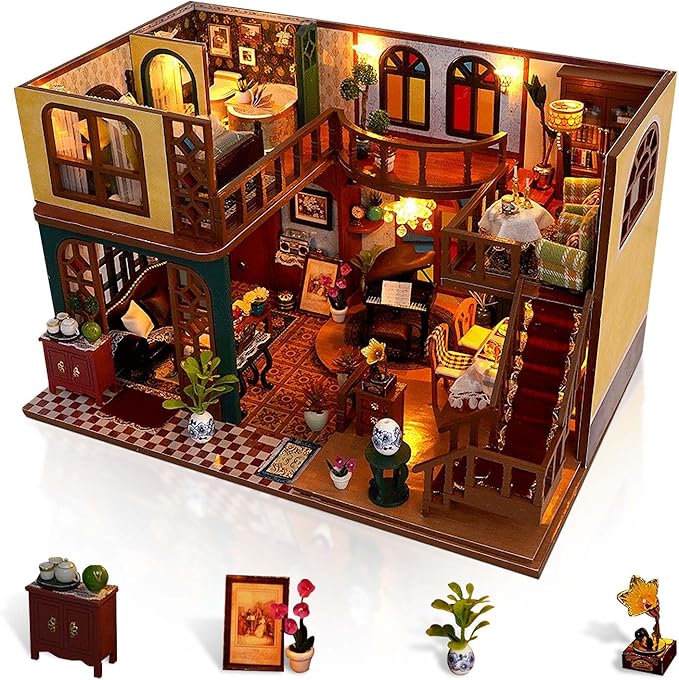 Foyucool DIY Miniature House Kit, Dollhouse Kit with Light and Dust Cover, Mini House Building Kits for for Adult to Building, Christmas Home Decorations Gifts for Family and Friends, Retro Loft