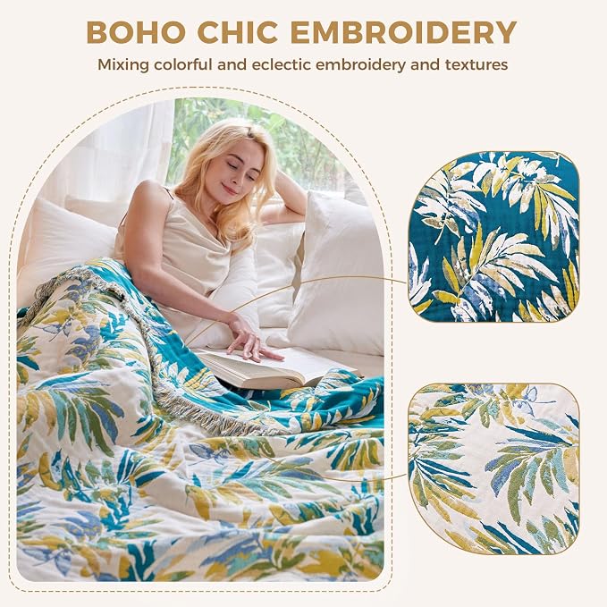 LUTBM Boho Throw Blanket for Bed 60"x80", All Season Cotton Couch Blankets | Reversible Leaves Jacquard, All-Season Twin Lightweight Breathable Quilt, For Chair Sofa Bedroom Living Room, Home Decor