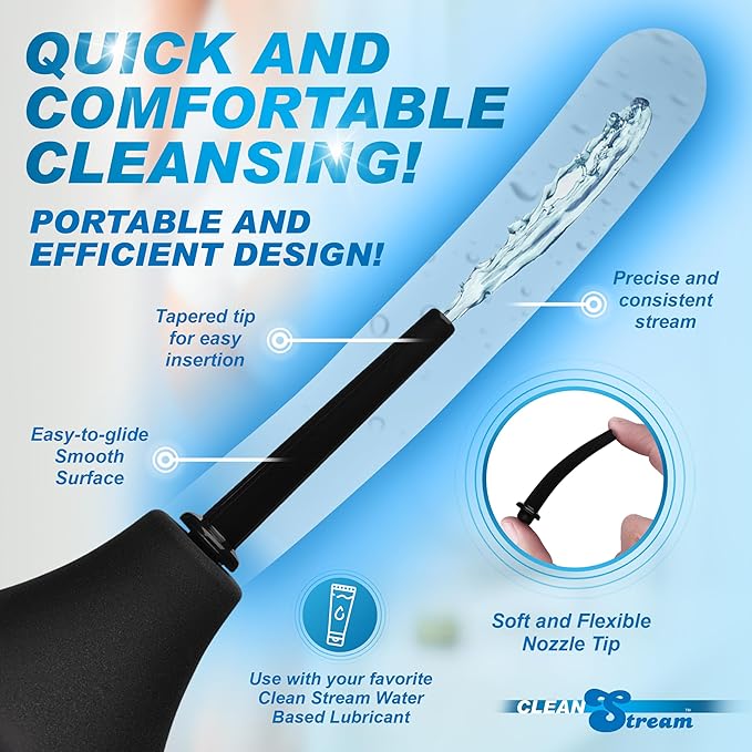 Cleanstream Thin Tip Enema Douche Bulb, Anti Back-Flow, Reusable Enema Vaginal Cleaner Kit for Men Women, 225Ml Bulb, Black