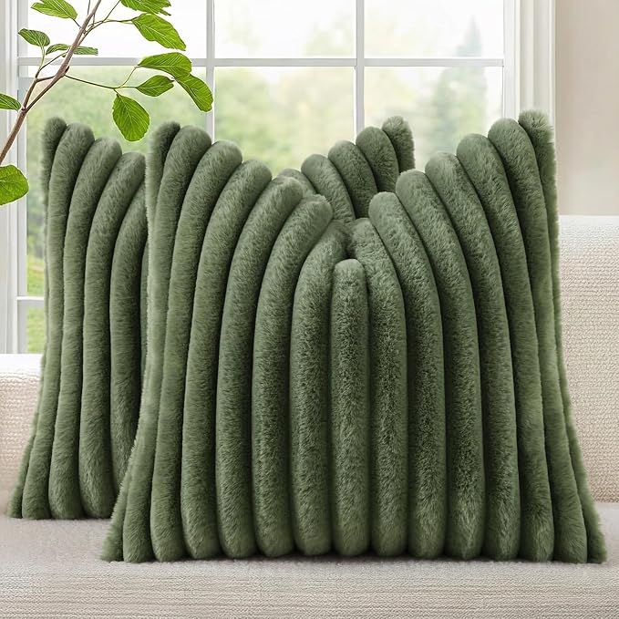 decorUhome Fall Faux Fur Throw Pillow Covers 22x22 Set of 2 Olive Green | Decorative Soft Cozy Striped Plush Modern Farmhouse Boho Couch Pillow Cases Velvet Back for Sofa Bed Living Room Home Decor