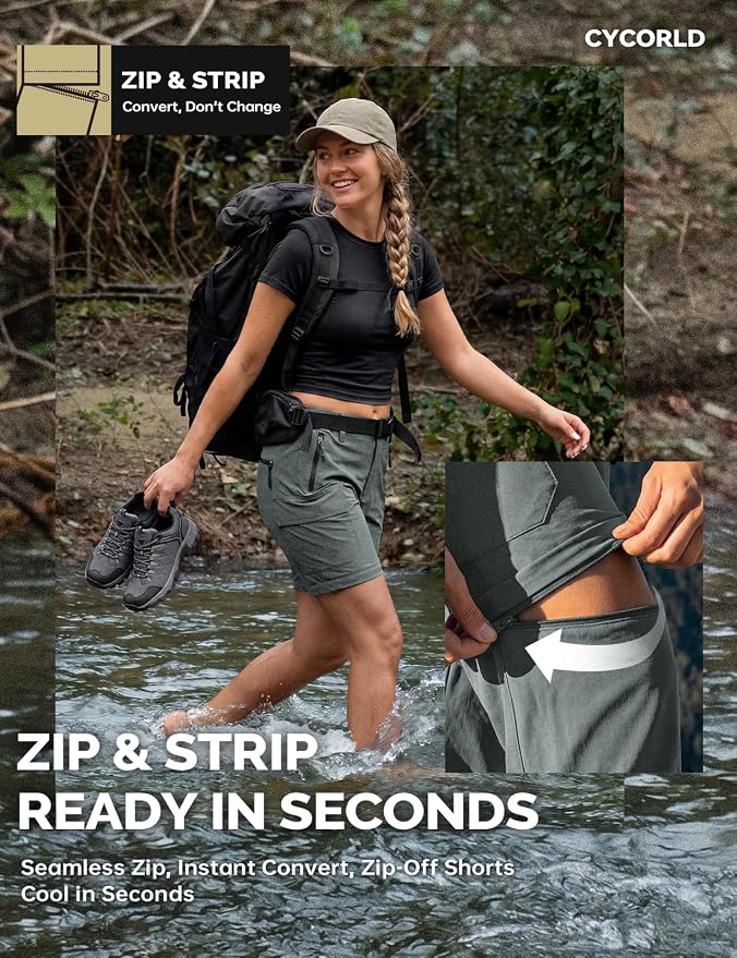 Cycorld Women's-Hiking-Pants-Convertible Quick-Dry-Stretch-Lightweight Zip-Off Outdoor Pants with 5 Deep Pockets