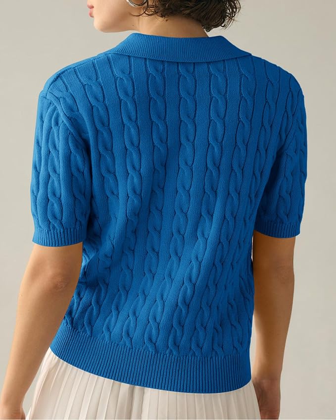Imily Bela Womens Cable Short Sleeve Sweaters Tops Lapel V Neck Knit Shirt | Solid,Knit Casual,Soft Pullover,Fall Sweaters,Womens Summer Work Tops
