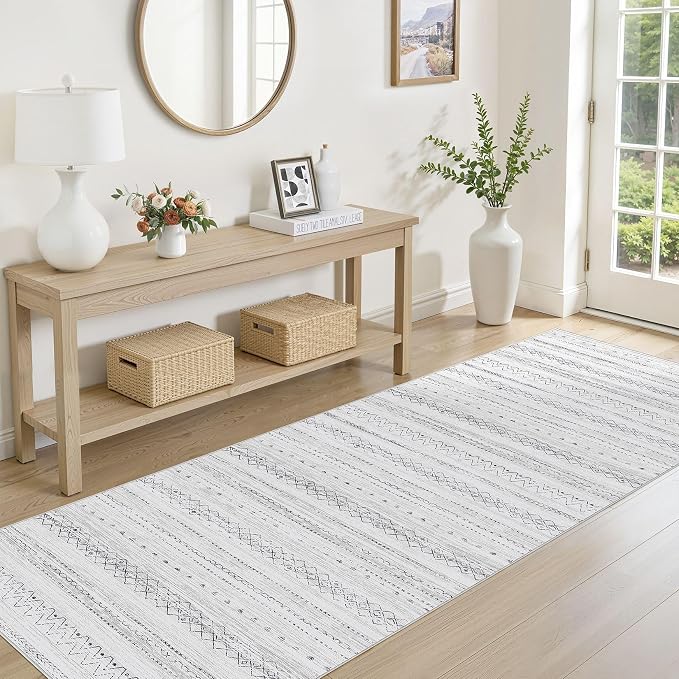 cotiled Hallway 2.6x8 Runner Rugs: Washable Boho Rugs with Non Slip Backing Large Soft Indoor Low Pile Carpet for Living Room Bedroom Farmhouse Dining Room Lightweight Home Decor Grey