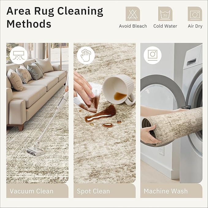 Soalmost 6x9 Area Rug for Living Room Washable Rugs Non-Slip Brown | Low-Pile Vintage Carpet for Dining Bedroom, Foldable Thin Stain Resistant Floor Mat Under Table Home Office Nursery Decor
