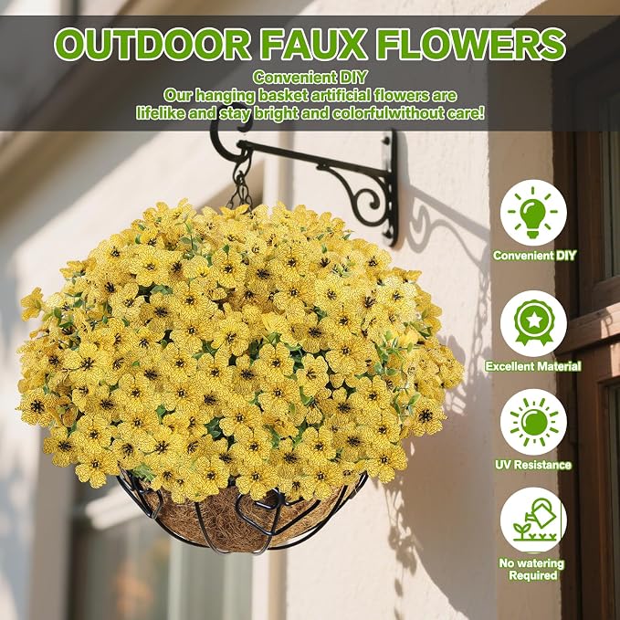 13 Bundles Artificial Flowers for Outdoors Summer Decoration | Silk Realistic UV Resistant Faux Flowers Fake Plants for Outside Planter Porch Yard Patio Garden Home Indoor, Yellow