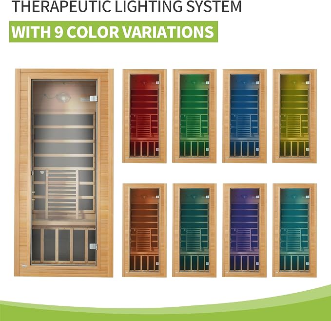 Real Relax 1 Person Infrared Sauna, Indoor Near Zero EMF Canadian Hemlock Wood Sauna with 1400W, 9 Chromo Therapy Lights, Oxygen Lonizer, Bluetooth, LCD Control Pannel for Home Spa Days