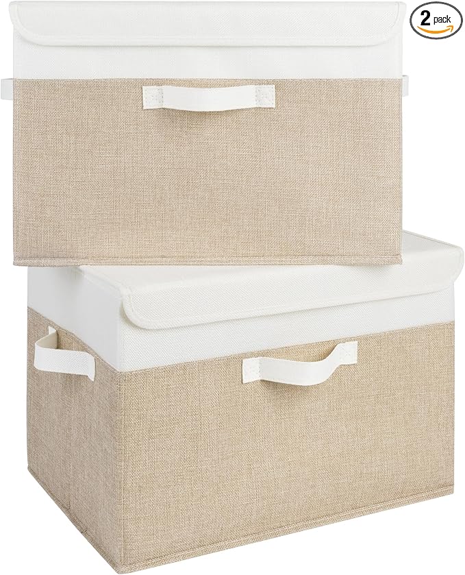 GRANNY SAYS Memory Keepsake Storage Box, Fabric Storage Bins with Lids | Flip-Top Lid, Collapsible, Stackable, 3 Handles, Ideal for Closet Clothes Blanket Toys, Extra Large, Brown/White, 2-Pack