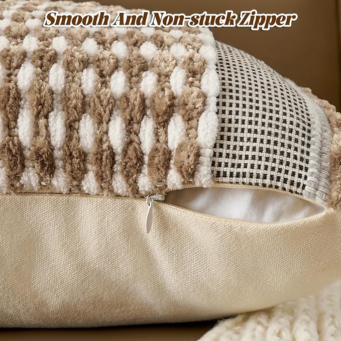Chenille Striped Textured Boho Throw Pillow Covers Aesthetic with Tassels Woven Decorative Pillow Case for Couch Bed Sofa Bedroom Modern Funky 18 x 18-Inch Taos Taupe