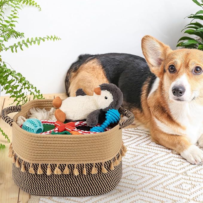 TeoKJ Set of 3 Baskets for Organizing, Decorative Rope Baskets for Storage, Storage for Pets, books, Pillows, Toys & Cloths, Black & Jute