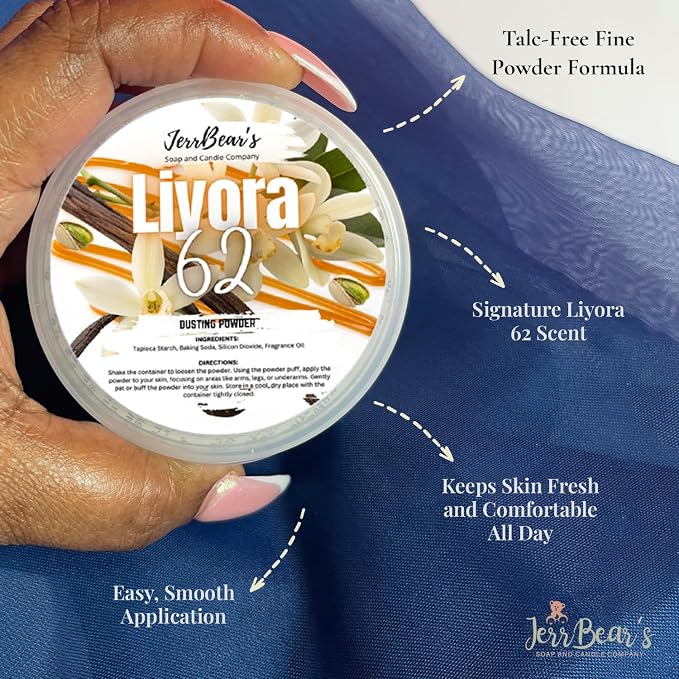 Liyora 62 Dusting Powder for Women, 4oz Jar | Talc Free Body Formula, Soft Scented Skin Care, Gentle Powder for Daily Freshness, Includes Puff Application
