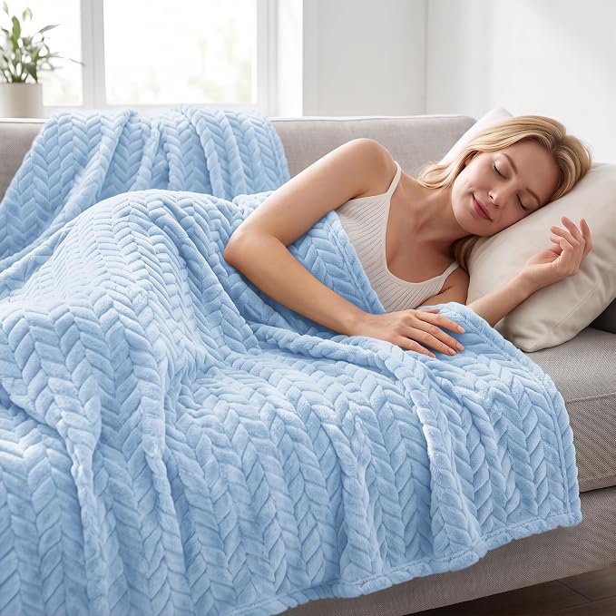 Exclusivo Mezcla Light Blue Fleece King Size Blanket for Bed, 90x104 Inches Soft Cozy 3D Decorative Jacquard Flannel Blankets, Lightweight Fuzzy Plush Warm Blankets for All Seasons | Cozy Fluffy Lightweight Blankets for Summer, Decorative Plush Flannel...