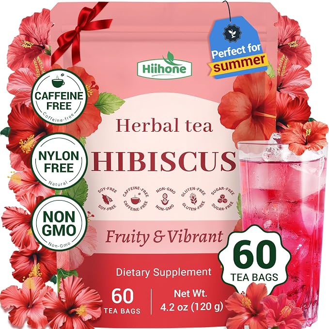 Hiihone Hibiscus Tea Bags 60 Count – Pure Hibiscus Flower Herbal Tea, Caffeine-Free, Tart & Refreshing Flavor, Rich in Antioxidants, Non-GMO, Natural Herbal Tea for Hot or Iced Tea