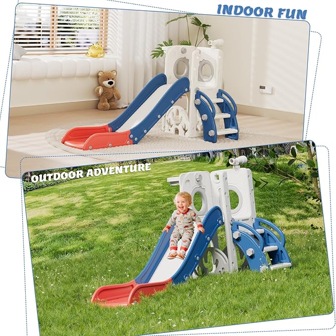 KORIMEFA 7 in 1 Toddler Slide, Kids Slide for Toddlers Baby 1-3 Years Old, Indoor and Outdoor with Basketball Hoop & Golf Set, Plastic Slides for Kids Easy Assembly, Blue