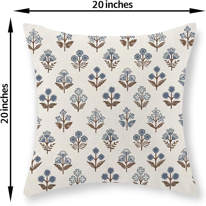 Brown Blue Pillow Covers 20x20 Inch Set of 2 Boho Block Print Floral Throw Pillows Vintage Flower Decorative Pillow Cases Outdoor Linen Farmhouse Cushion Cover for Couch Sofa Bed Decor