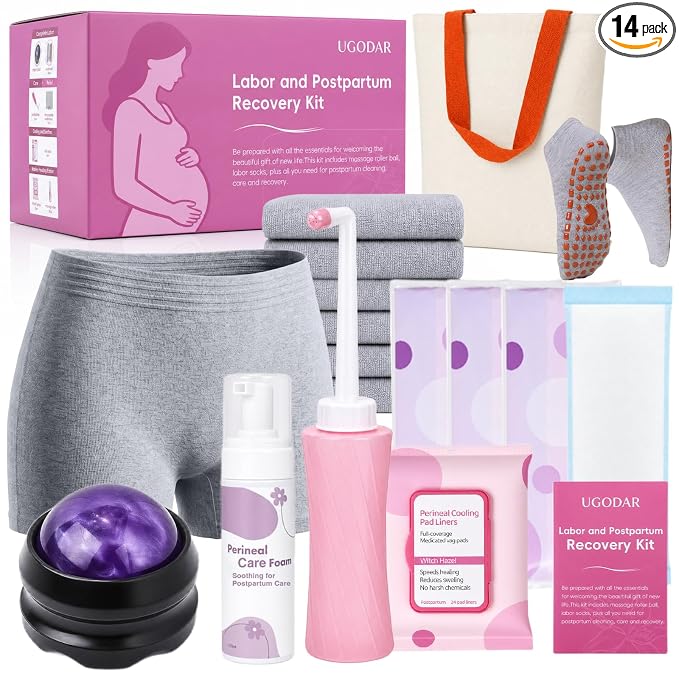 Postpartum Essentials Kit, Postpartum Recovery Set with Peri Bottle, Ice Pads, Perineal Care Foam, Cooling Pad Liners, Disposable Underwear, Labor Socks & Massage Roller,Labor Delivery Gift for Women