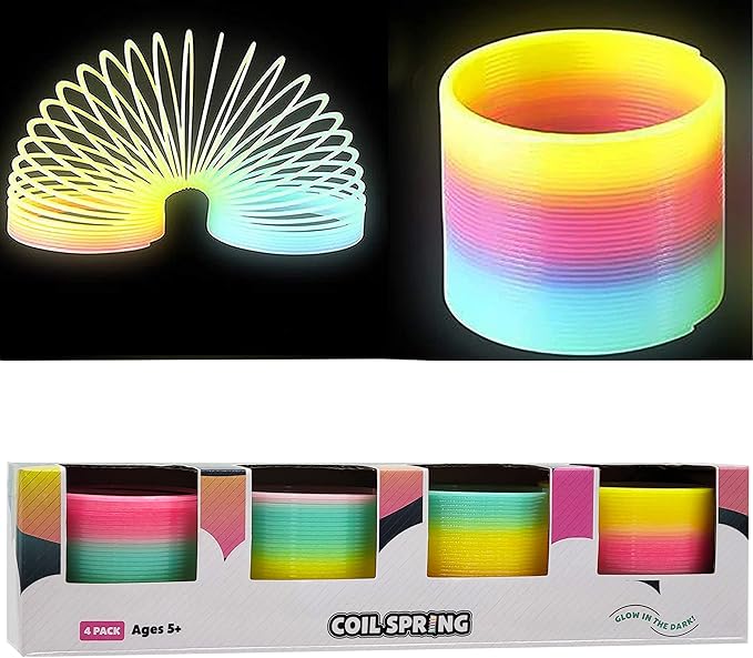 The Dreidel Company Plastic Coil Spring, Glow-In-The-Dark Magic Rainbow Slingy, Party Favor, Birthday Bag Filler, Stocking Stuffers, 3" (80MM) (4-Pack)