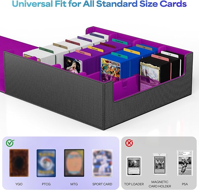 UAONO Trading Card Storage Box, Holds 2400 Sleeved Cards with 24 Dividers & 4 Stoppers, Magnetic Closure PU Leather Card Case for MTG, PTCG, YGO, Sports Cards (Black&Purple)