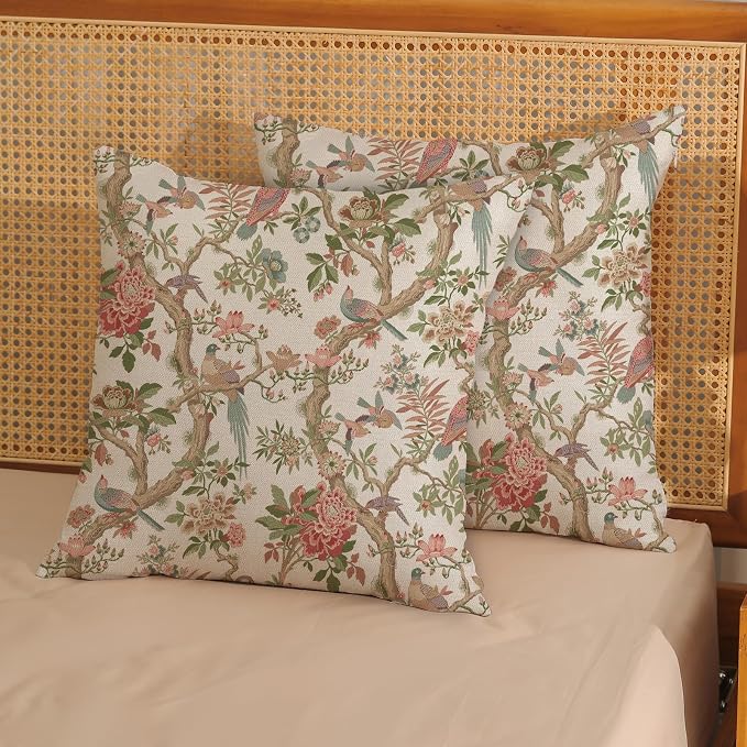 Chinoiserie Pillow Covers 20x20 Set of 2 Pink Green Bird Floral Throw Pillows Vintage Pink Flower Bird Decorative Pillow Cases Outdoor Chinoiserie Decor Farmhouse Cushion Case for Couch Sofa