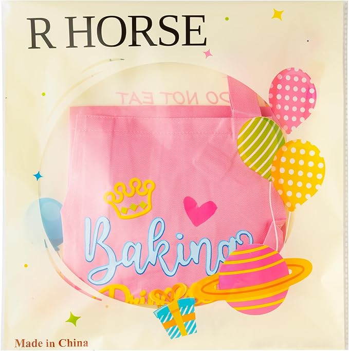 R HORSE Kid Apron and Chef Hat Set - 2Pcs Pink Baking Princess Adjustable Children Kitchen Toddler Apron for Girls, Funny Dress up Role Play Chef Toy Birthday Gift for Kids Cooking Baking Painting