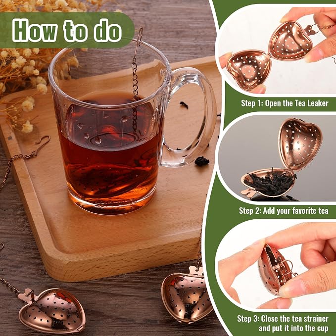 Sumind 100 Pcs Tea Strainer Stainless Steel Tea Ball Infuser Loose Leaf Tea Steeper Tea Interval Diffuser Heart Shape Mesh Tea Filters with Extended Chain Hook for Seasonings Cup Bottle (Rose Gold)