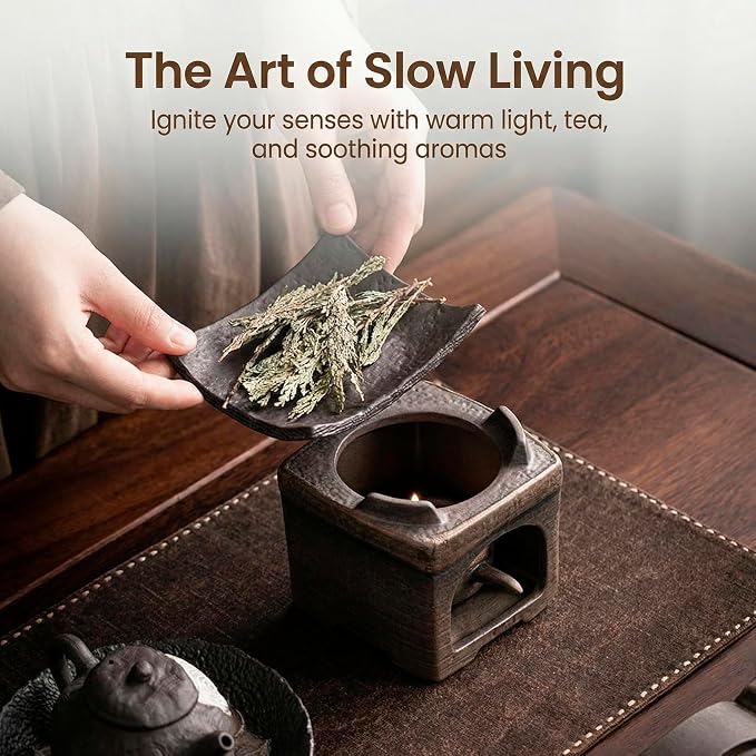 Ceramic Essential Oil Diffuser and Wax Melt Warmer, Aromatherapy Candle Stove Teapot Warmer, Handmade Zen Decor Incense Burner Palo Santo Holder for Home Fragrance Room (Brick Square)