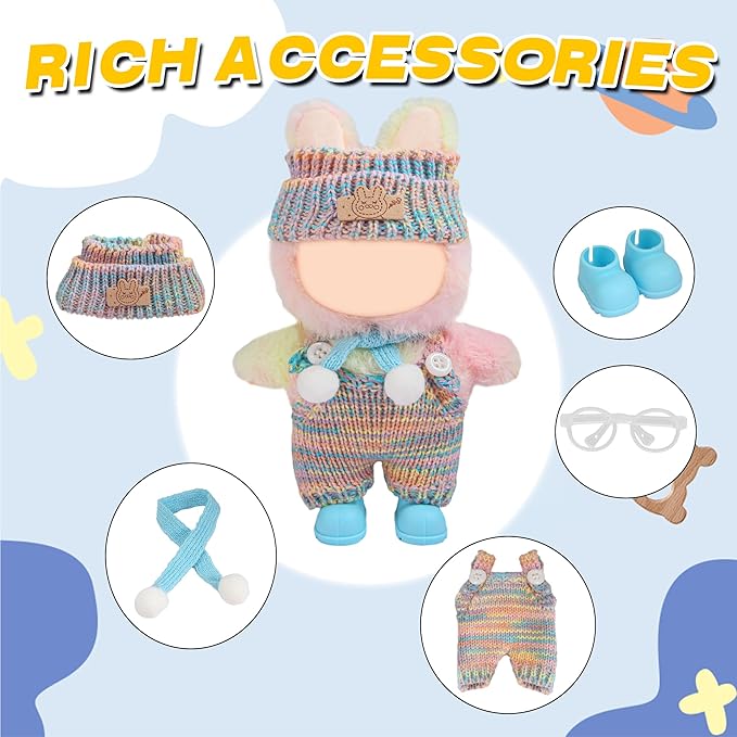 17cm Doll Clothes - 10PCS Cute Dolls Clothes and Shoes,Hat, 6.7 Inches Woolen Crochet Suit,Strap Jumpsuit, with Scarf Glasses - Adorable Pink Blue Dolls Accessories (NoDoll)
