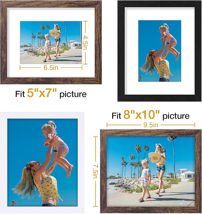 Vittanly 8x10 Picture Frames Set of 9, Wall & Tabletop, Black&Brown&White | Display Pictures 5x7 with Mat or 8x10 without Mat, Small Photo Frames, Engineered Wood with Shatter Resistant Plexiglass