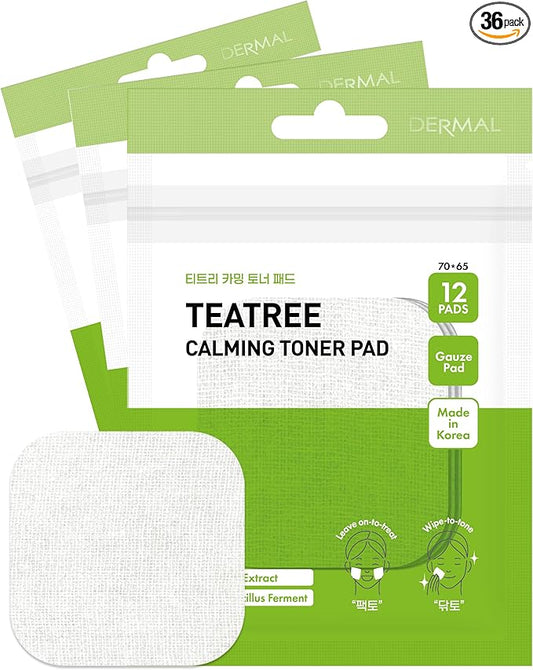 DERMAL Teatree Calming Toner Pad - Korean Toner Pad for Calming & Acne Improvement with Zinc PCA - Vegan Gauze Tencel Square Pads - Travel Kit 12 Pads, 3 Pack (Total 36 ea)