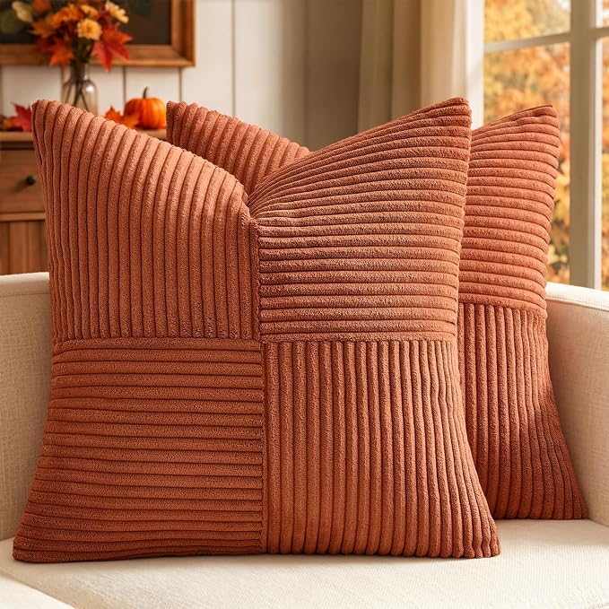 MIULEE Fall Burnt Orange Decorative Throw Pillow Covers for Couch 18x18 in | 2 Pack, Boho Farmhouse Pillow Covers, Soft Cross Corduroy Patchwork Textured Cushion Cases For Bed Sofa