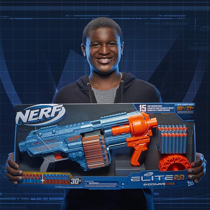 Nerf Elite 2.0 Shockwave RD-15 Dart Blaster, 30 Nerf Elite Darts, 15-Dart Rotating Drum, Kids Outdoor Toys for 8 Year Old Boys & Girls and Up (Amazon Exclusive)