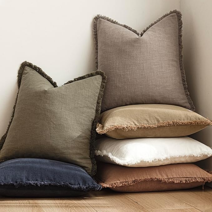 Foindtower Set of 2 Decorative Linen Fringe Throw Pillow Covers Boho Farmhouse Cushion Cover with Tassels Accent Pillowcase for Couch Chair Sofa Bed Living Room Home Decor,16×16 Inch,Dune