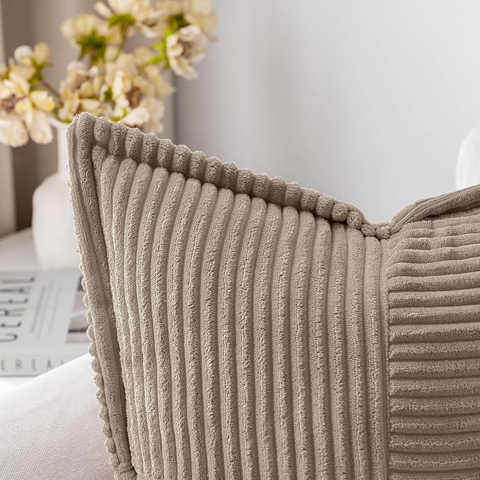 MIULEE Decorative Throw Pillow Covers for Couch 16x16 Inch Light Brown | 2 Pack, Boho Broadside Striped Patchwork Pillow Covers, Soft Corduroy Cushion Cases, For Sofa Bed Livingroom Home Decor