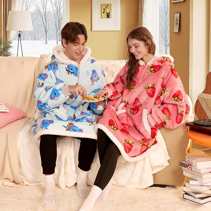 Giggling Getup Wearable Blanket Hoodie for Adults Gifts for Teen Girls Sister Women Sherpa Fleece Printed Hooded Blanket Sweatshirt Warm Cozy with Pocket & Sleeves Pink Strawberry