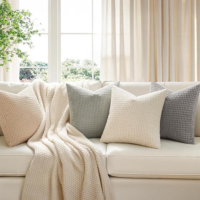 MIULEE Boho Farmhouse Decorative Pillow Covers 20x20 Inch Set of 4 Neutral | Rustic Modern Neutral Home Decor, Couch Throw Pillows, Corduroy Pillowcases for Sofa Living Room Bed