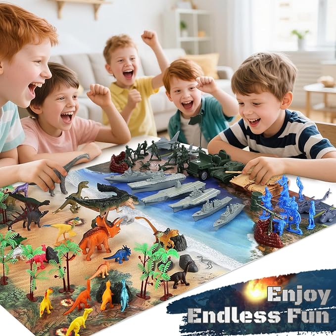MOONTOY Army Men and Dinosaur Military Playset, 128PCS Toy Soldiers with Tanks, Jets, Missiles, Vehicles & Battle Mat, Army Men Action Figures, Christmas Birthday Gift for Kids Boys and Girls Ages 3+