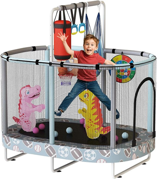 LAMERGE 55" 7-in-1 Round Trampoline for Kids Boys & Girls Ages 1-8, Indoor & Outdoor Trampoline for Fun, Adjustable Height Handrail ＆ Enclosed Safety Net ＆ Durable Designs for Toddlers Children