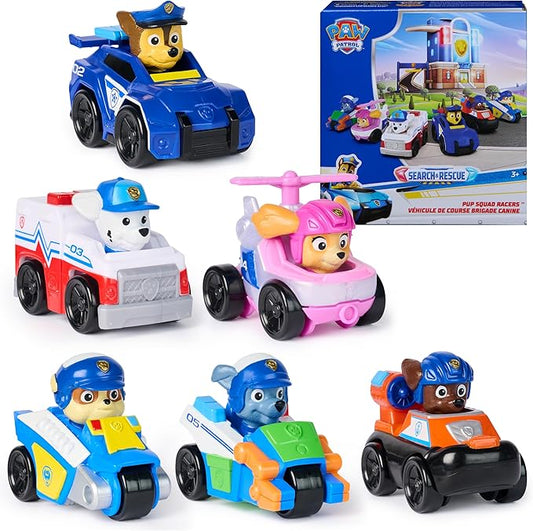 PAW Patrol Search & Rescue, Pup Squad Racers, 6-Pack of PAW Patrol Vehicles with Chase, Marshall, Skye, Rubble, Rocky, & Zuma, Kids Toys for Boys & Girls Ages 3 and Up